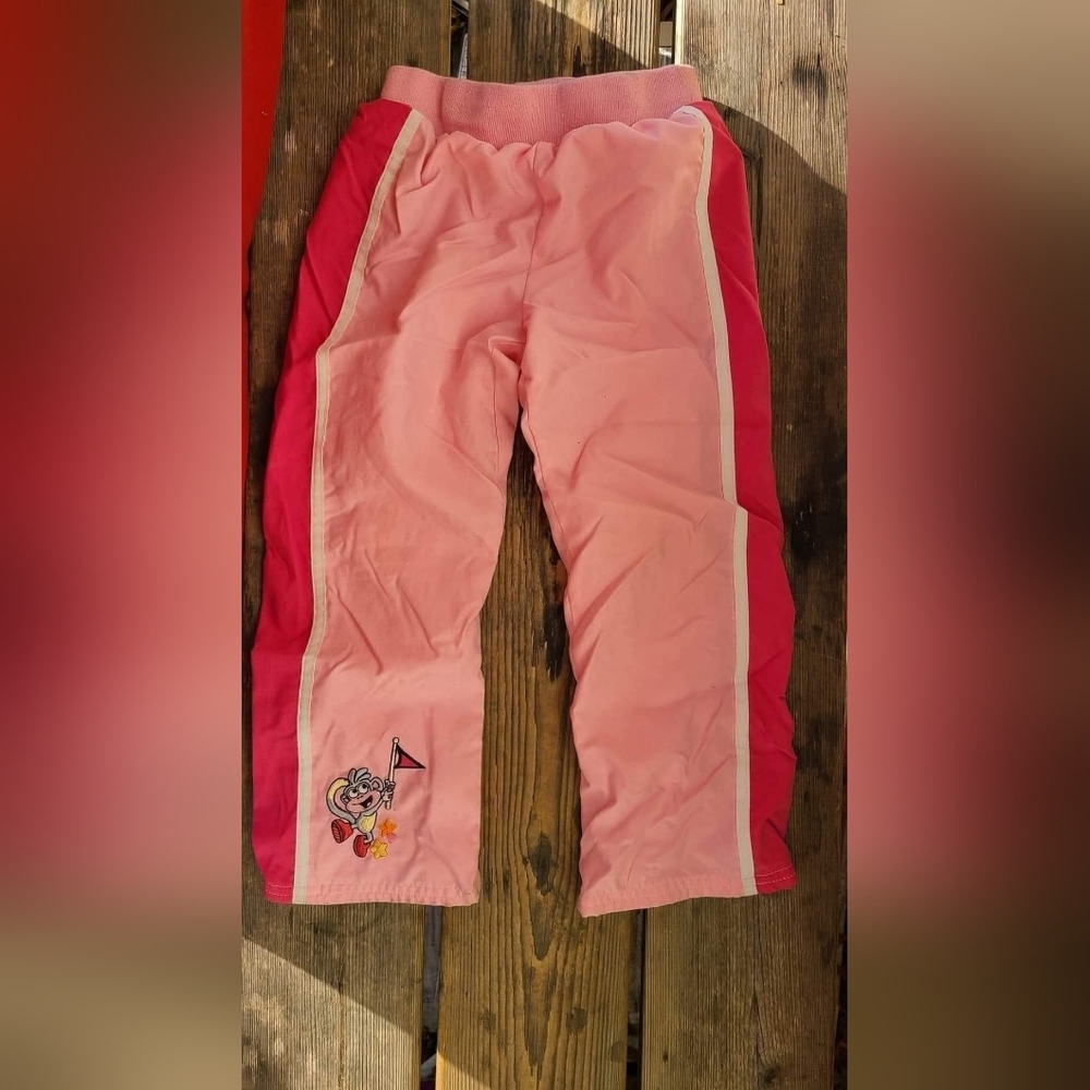 NICKOLEODEON SZ 5 VGUC BABY PINK w/ DORA & BOOTS aplique lined swishy pants 2005